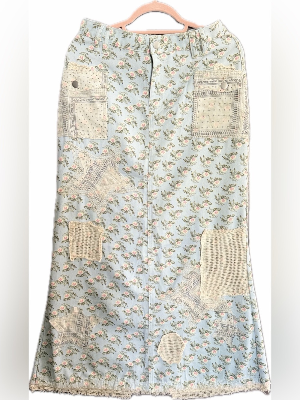 POL Floral Patchwork Maxi Skirt - Light Blue and cream